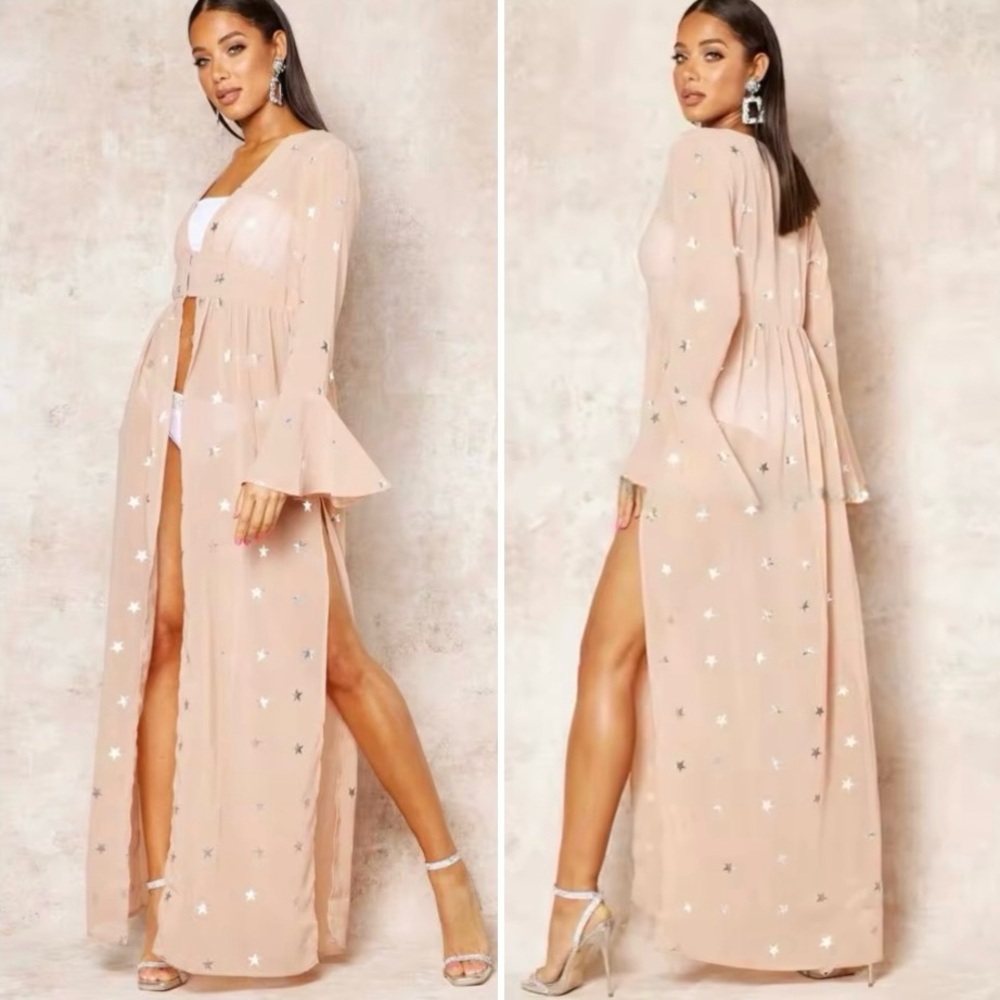 NASTY GAL Drops of Jupiter Star Buttoned Sheer Maxi Cover Up in Nude Size 4